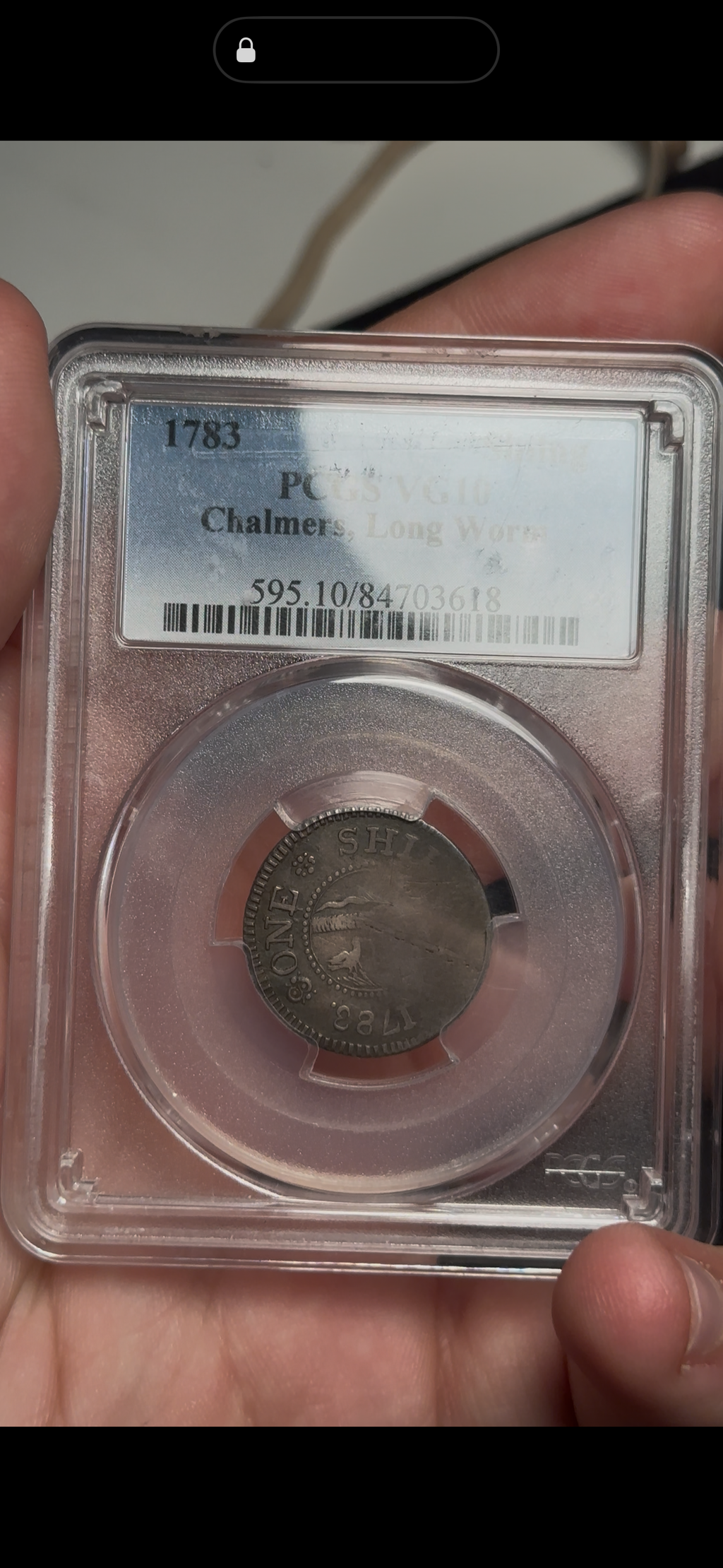 Shilling, Chalmers 1783 “Long Worm” PCGS VG10