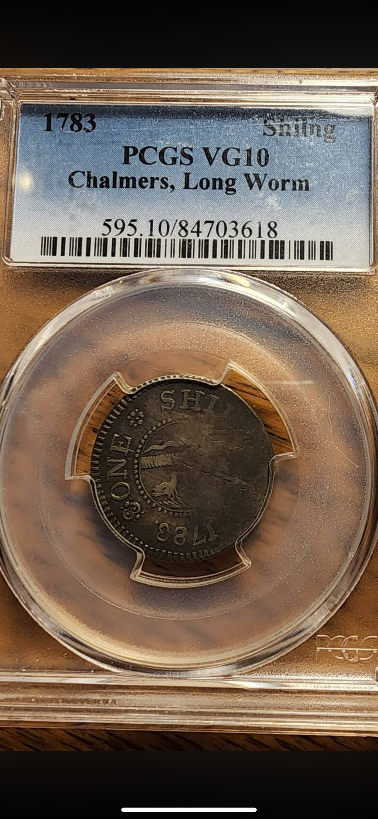 Shilling, Chalmers 1783 “Long Worm” PCGS VG10